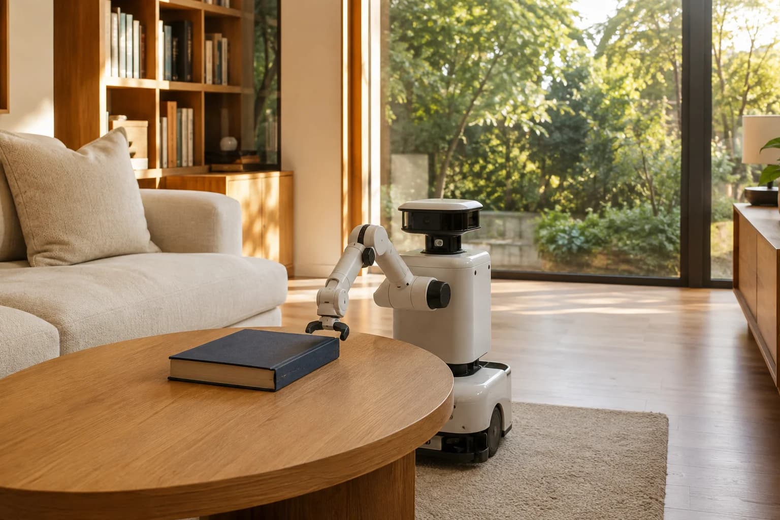 Concept photograph of a domestic robot investigating a blue book on a living-room table